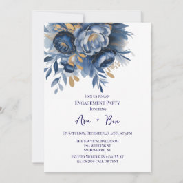 Invitación Navy Blue and Gold Peony Flower Engagement Party
