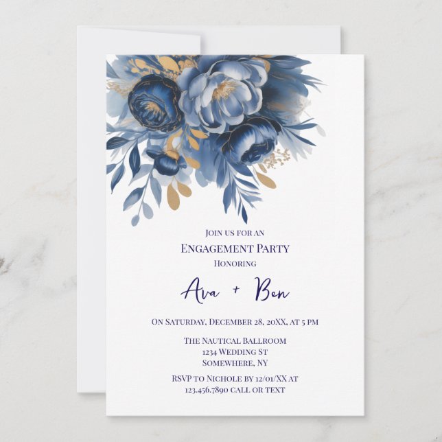 Invitación Navy Blue and Gold Peony Flower Engagement Party (Anverso)