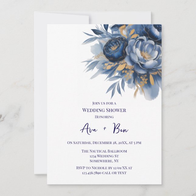 Invitación Navy Blue and Gold Peony Flower Wedding Shower (Anverso)