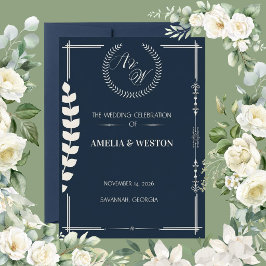 Invitación Navy Blue and Ivory Elegant Laurel Wreath Wedding 
