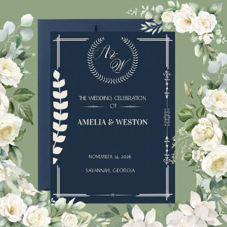 Invitación Navy Blue and Ivory Elegant Laurel Wreath Wedding