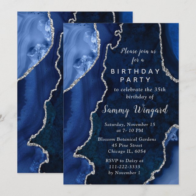 Invitación Navy Blue and Silver Agate Marble Birthday Party (Anverso / Reverso)