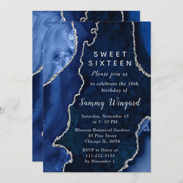 Invitación Navy Blue and Silver Agate Marble Sweet Sixteen (Anverso / Reverso)