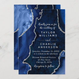 Invitación Navy Blue and Silver Agate Marble Wedding