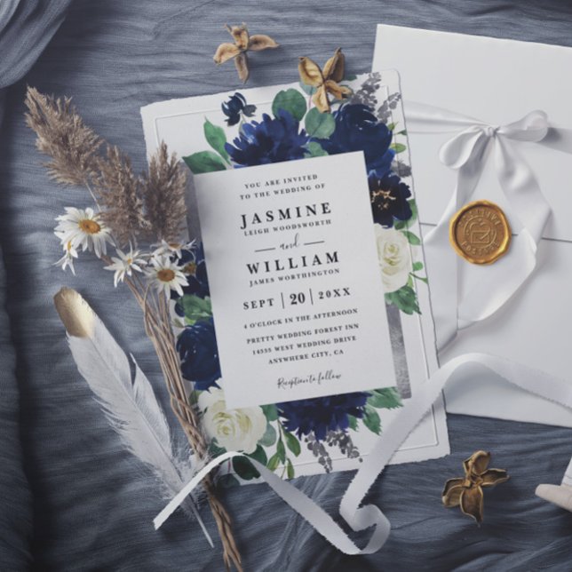 Invitación Navy Blue and Silver Floral QR Code Wedding (Subido por el creador)