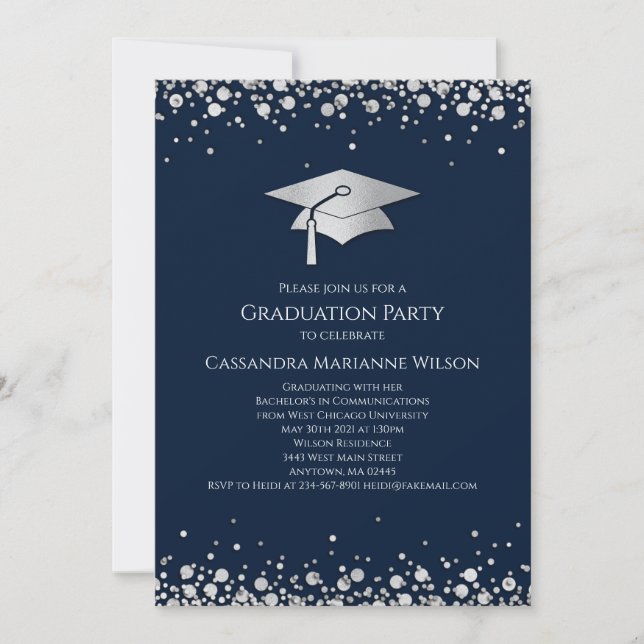 Invitación Navy Blue and Silver Graduation (Anverso)