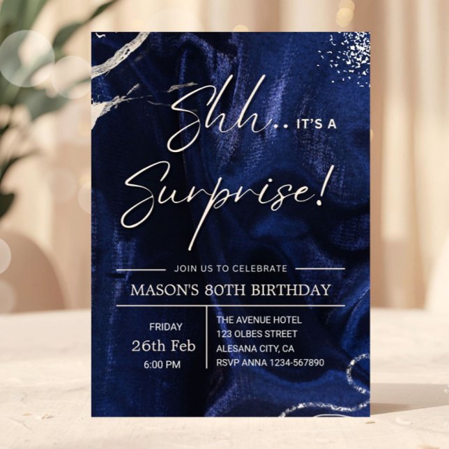 Invitación Navy Blue and Silver Surprise Party (surprise birthday invitation, 80th birthday invite, navy blue gold invitation, elegant birthday invi)