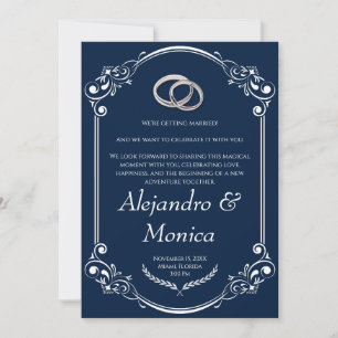 Invitación Navy Blue and Silver Wedding Ring Invitation