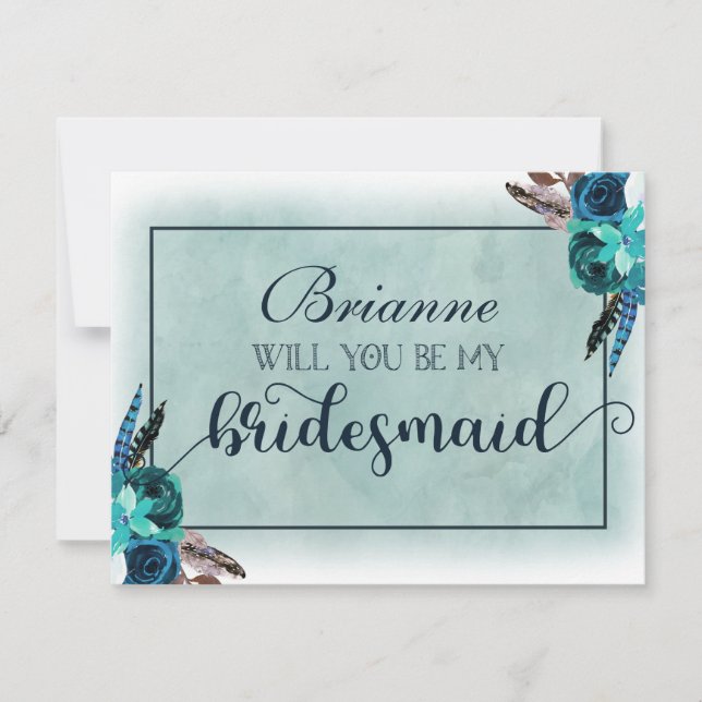 Invitación Navy Blue & Aqua Boho serás mi dama de honor (Anverso)