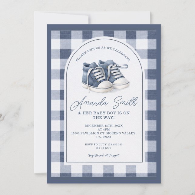Invitación Navy Blue BabShoes Gingham Baby Shower Invitation, (Anverso)