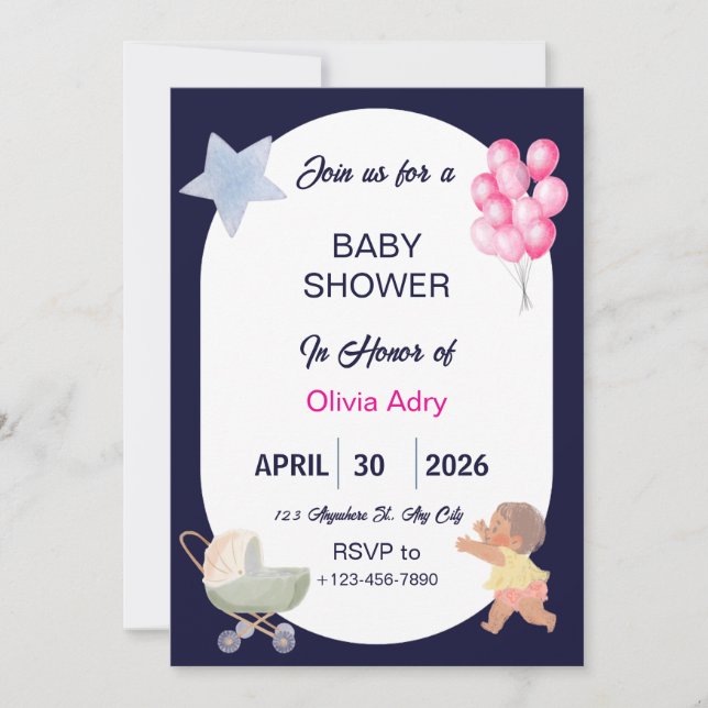 Invitación Navy Blue Baby Shower Invitation | Watercolor  (Anverso)