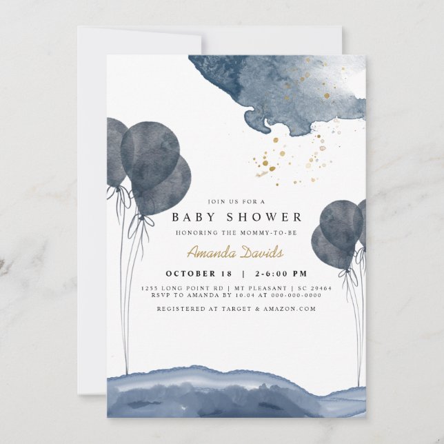 Invitación Navy Blue Balloon Watercolor Boho Baby Shower (Anverso)