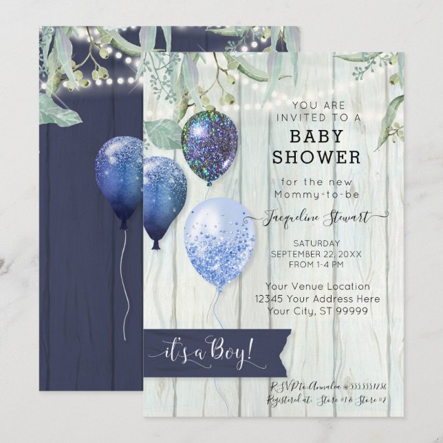 Invitación Navy Blue Balloons Rustic Wood Boy Baby Shower (Anverso / Reverso)