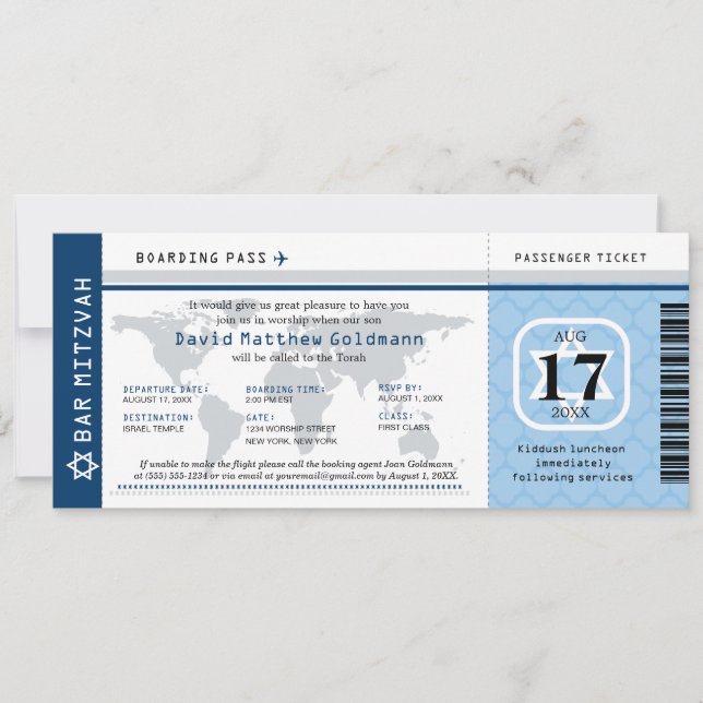 Invitación Navy Blue Bar Mitzvah World Traveller Boarding Pas (Anverso)