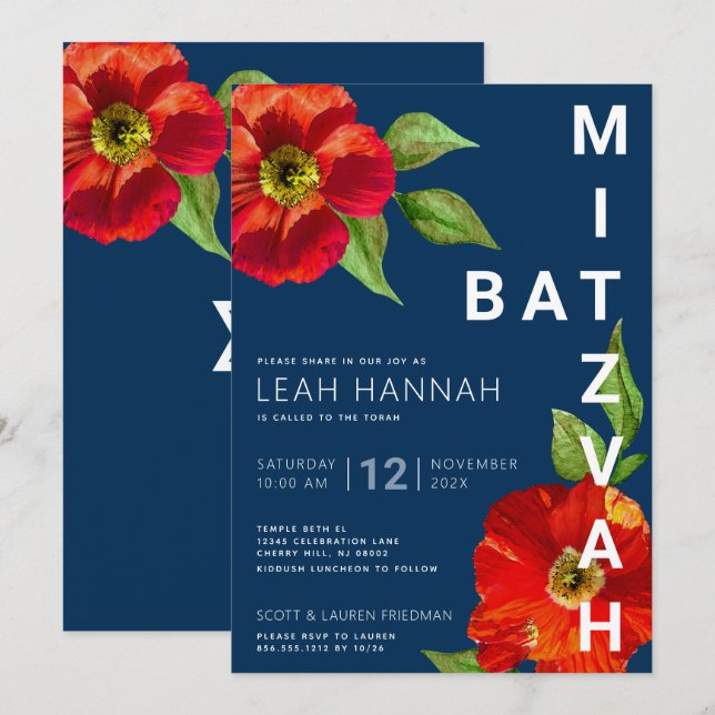 Invitación Navy Blue Bat Mitzvah Red Floral Moderno acuarela (Anverso / Reverso)