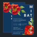 Invitación Navy Blue Bat Mitzvah Red Floral Moderno acuarela<br><div class="desc">Estar orgulloso, regocijarse y mostrar este hito de su Bat Mitzvah favorito con esta sofisticada y personalizada invitación! Una moda, una impresionante acuarela de color rojo floral con un estilo serif san moderno, domina un fondo azul marino. Personalice el texto del personalizado con el nombre, fecha y lugar de su...</div>