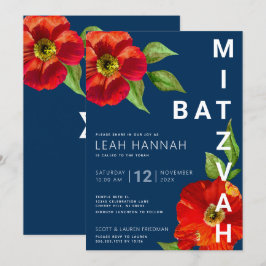 Invitación Navy Blue Bat Mitzvah Red Floral Moderno acuarela