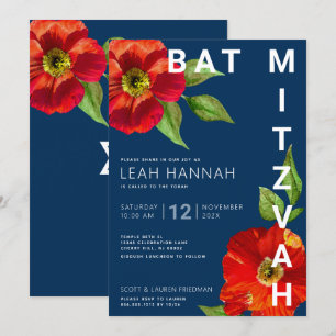 Invitación Navy Blue Bat Mitzvah Red Floral Watercolor Modern