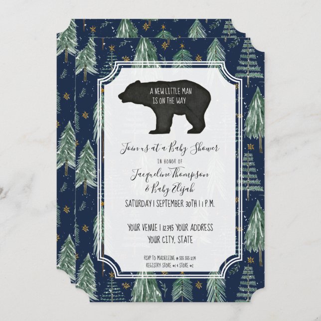 Invitación Navy Blue Bear Woodland Forest Baby Boy Shower (Anverso / Reverso)