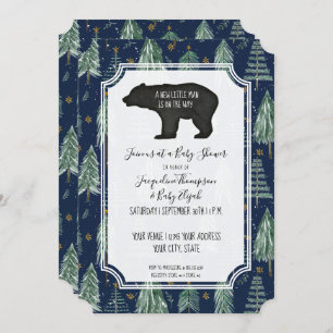 Invitación Navy Blue Bear Woodland Forest Baby Boy Shower