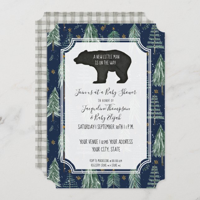 Invitación Navy Blue Bear Woodsy Forest Trees Baby Boy Shower (Anverso / Reverso)