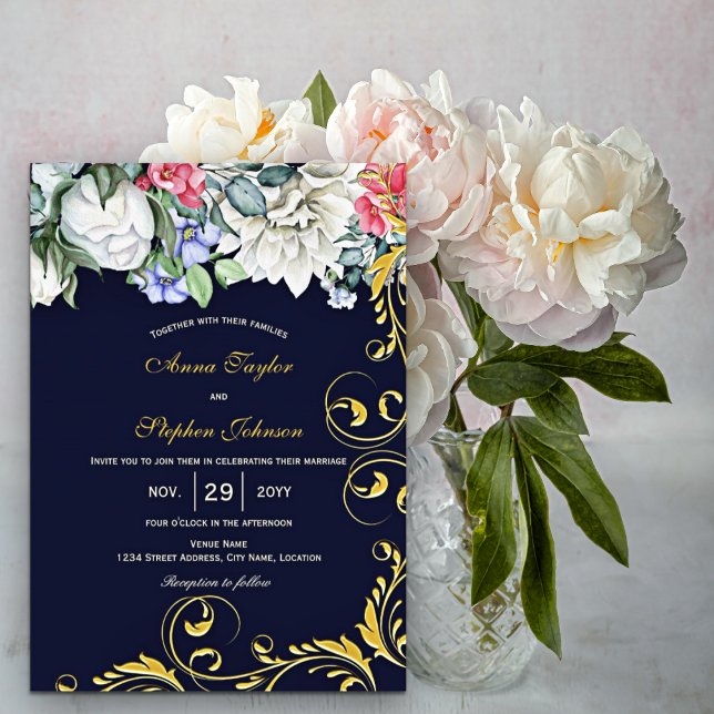 Invitación Navy Blue Blue Blue Pink Gold Swirls Botanical (Subido por el creador)