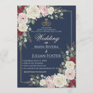 Invitación Navy Blue Blush Burgundy Floral Gold Frame Wedding