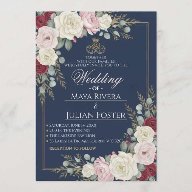 Invitación Navy Blue Blush Burgundy Floral Gold Frame Wedding (Anverso)