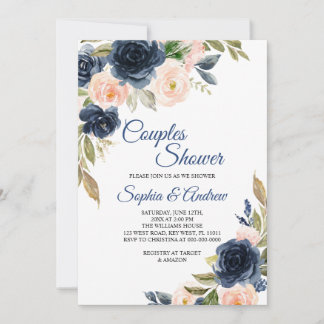 Invitación Navy Blue & Blush Floral Couples Shower Invitation