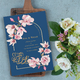 Invitación Navy Blue Blush Pink Magnolia Floral Save the Date