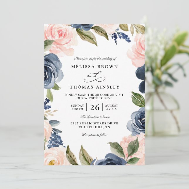 Invitación Navy Blue Blush Pink Rose Boho QR Code Wedding (Anverso de pie)