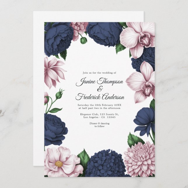 Invitación Navy Blue & Blush Watercolor Floral Wedding (Anverso / Reverso)
