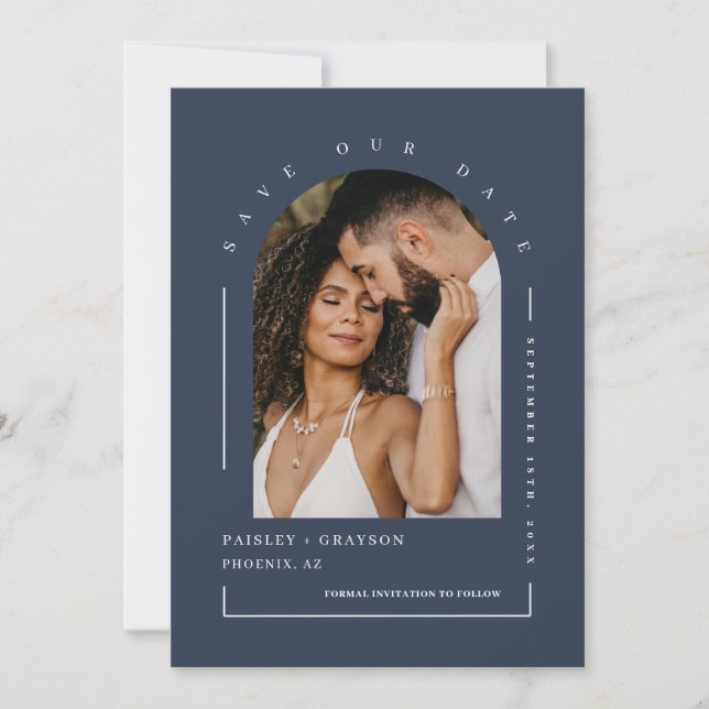 Invitación Navy Blue Boho Arch Foto Código QR Guardar Nuestra (Anverso)
