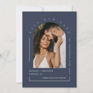 Invitación Navy Blue Boho Arch Foto Código QR Guardar Nuestra