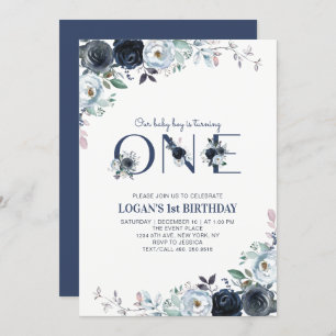 Invitación Navy Blue Boho Floral Boy Fiesta de primer cumplea