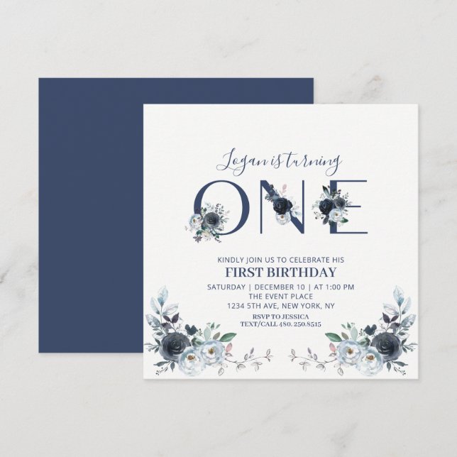 Invitación Navy Blue Boho Floral Boy primera plaza de cumplea (Anverso / Reverso)