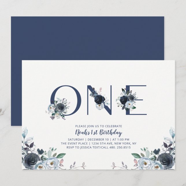 Invitación Navy Blue Boho Moda Floral Boy primer Fiesta de cu (Anverso / Reverso)