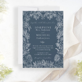 Invitación Navy Blue Botanical Floral Elegante