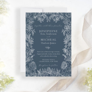 Invitación Navy Blue Botanical Floral Elegante
