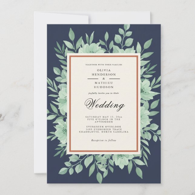 Invitación Navy Blue Botanical Spring Wedding (Anverso)