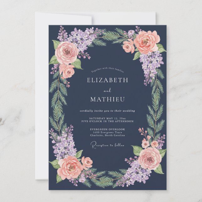Invitación Navy Blue Botanical Winter Wedding (Anverso)