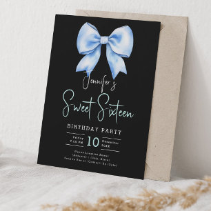 Invitación Navy Blue Bow Coquette Script Sweet 16 Black