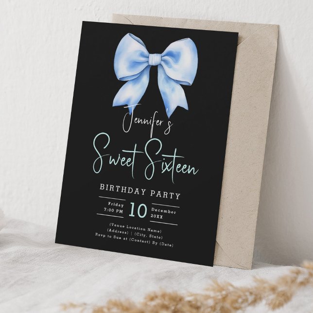 Invitación Navy Blue Bow Coquette Script Sweet 16 Black (Navy Blue Bow Coquette Script Sweet 16 Black Invitation)
