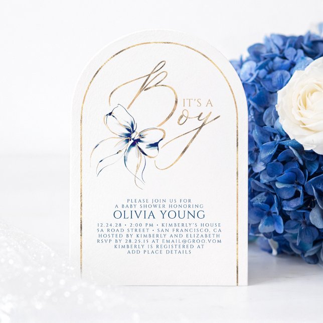 Invitación Navy Blue Bow Elegant Modern Baby Shower Boy (Navy Blue Bow Baby Shower Arch Invitation)