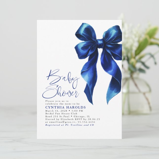 Invitación Navy Blue Bow moderno niño pequeño pequeño Baby Sh (Anverso de pie)