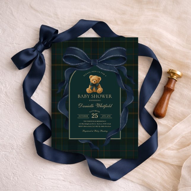 Invitación Navy Blue Bow Plaid Teddy Bear Boy Baby Shower (Subido por el creador)