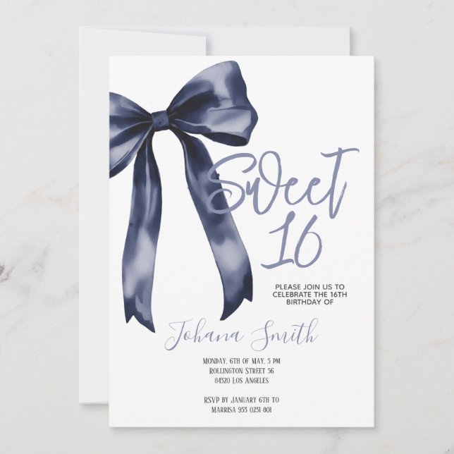 Invitación Navy Blue Bow Sweet Sixteen Girl Birthday Party (Anverso)