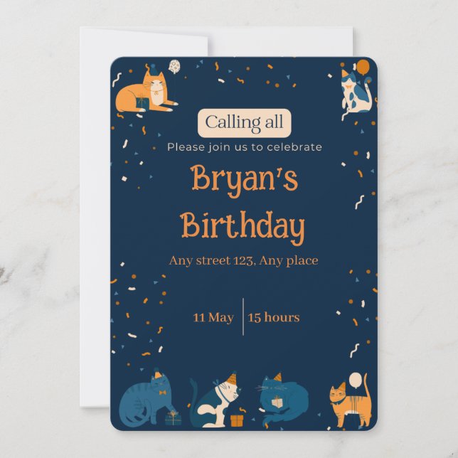 Invitación Navy Blue Boy Cat Invite (Anverso)
