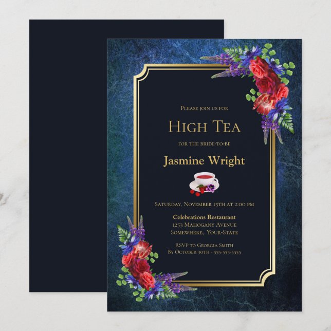 Invitación Navy Blue Burgundy Floral Bridal High Tea (Anverso / Reverso)