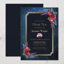 Invitación Navy Blue Burgundy Floral Bridal High Tea